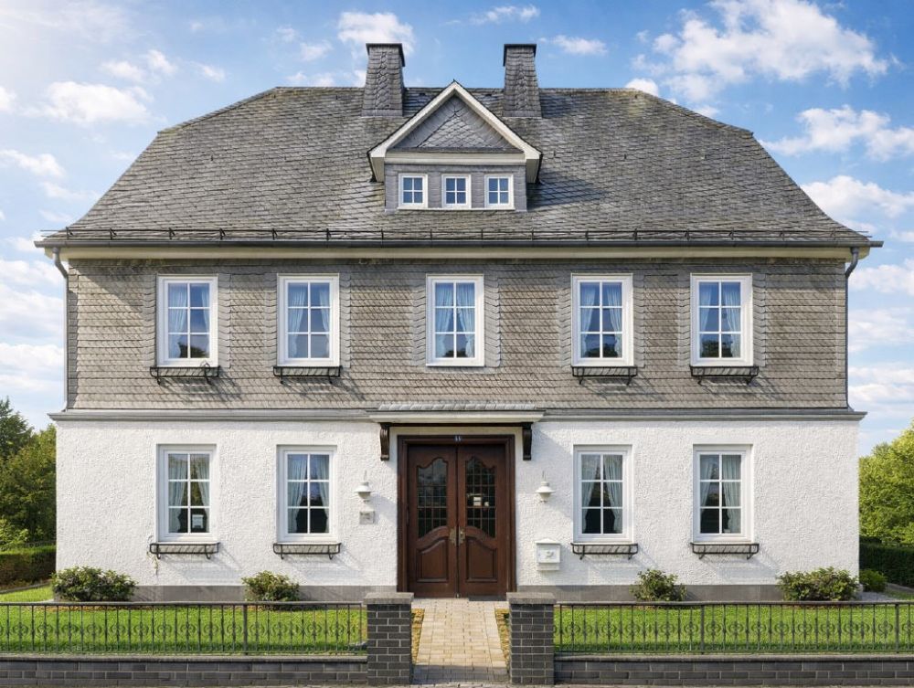 Hausansicht ohne Hecke (mit KI entfernt)