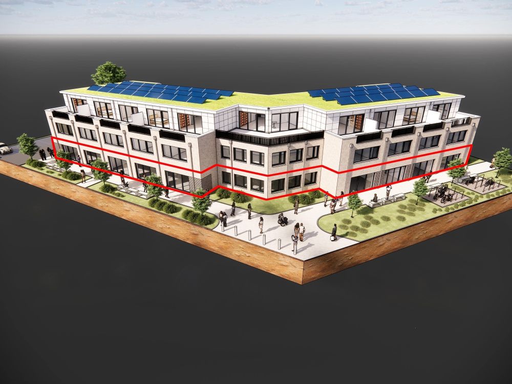 Frontale Ansicht Gewerbeflächen im EG