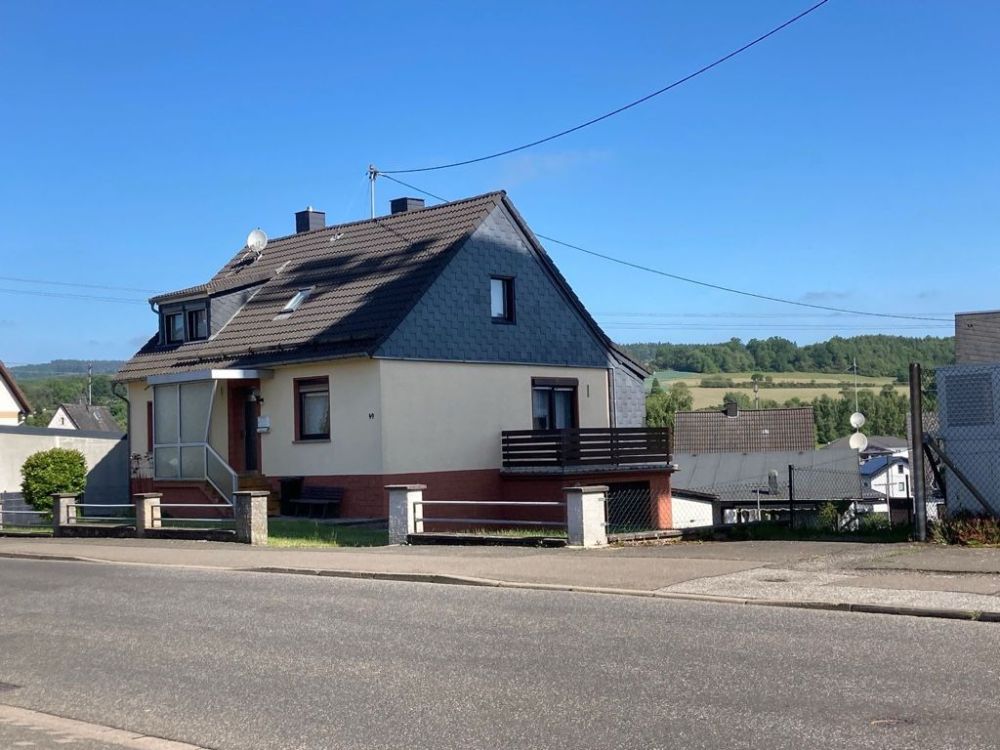 Straßenansicht mit Garten u. Garagenzufahrt
