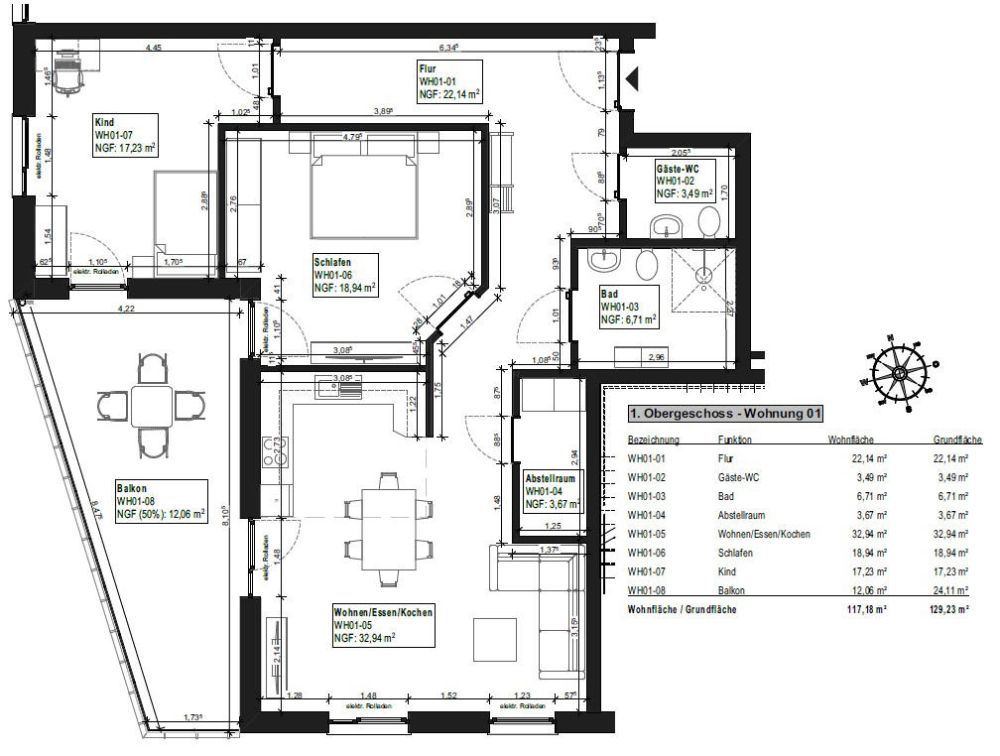 Bemaßter Grundriss Whg. 1