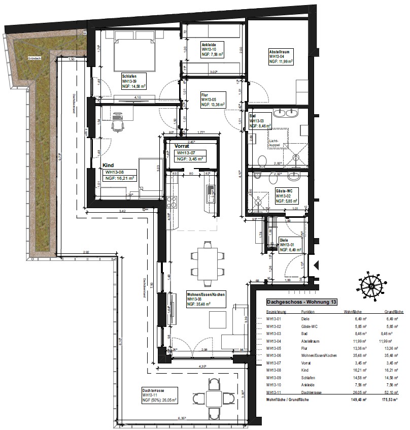Bemaßter Grundriss Whg. 13