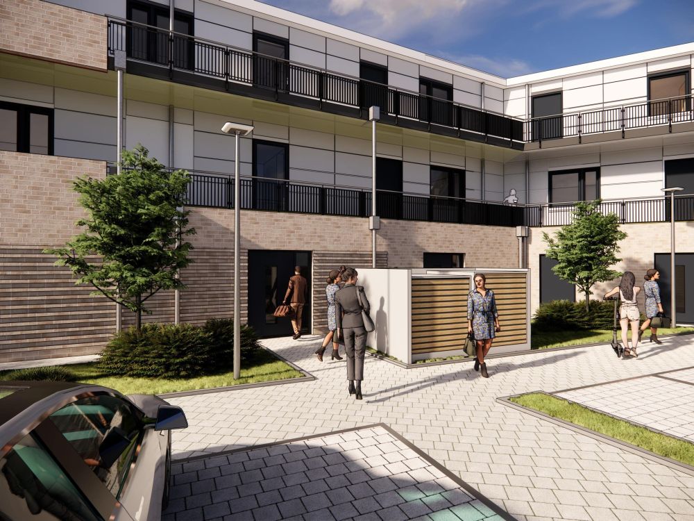 Blick von den rückwärtigen Parkplätzen