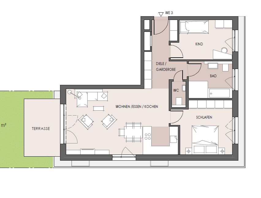 3-Zi.-Erdgeschosswohnung mit Terrasse und ca. 44 m² Gartenanteil