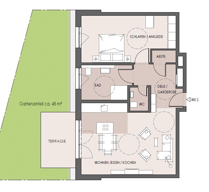 2-Zi.-Erdgeschosswohnung mit Terrasse und ca. 140 m² Gartenanteil