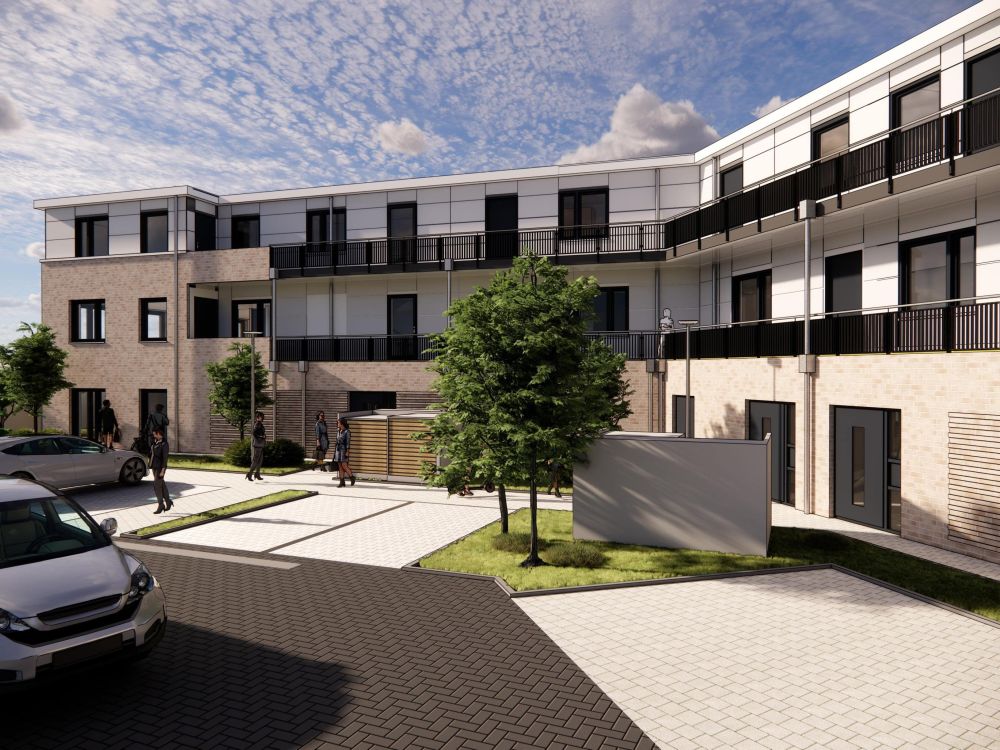 Blick von den rückwärtigen Parkplätzen