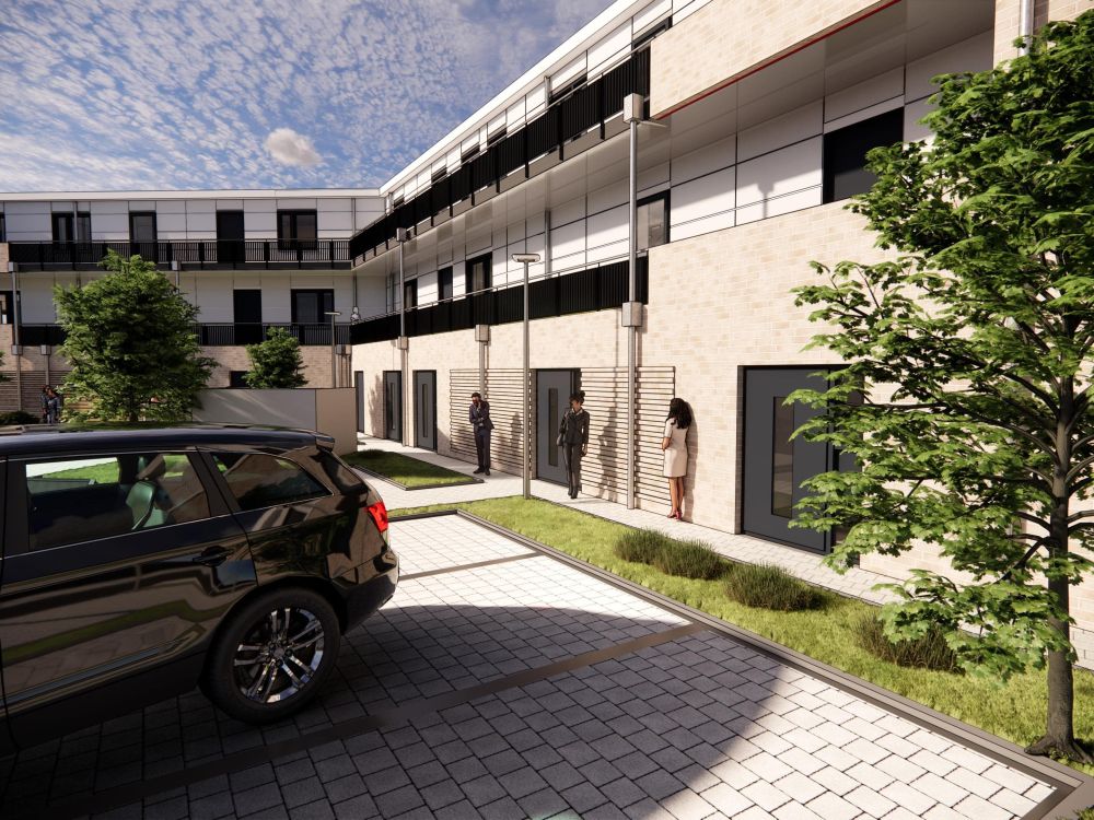 Blick von den rückwärtigen Parkplätzen