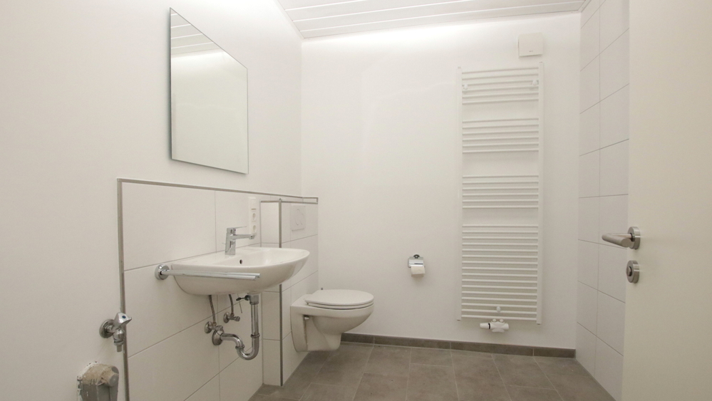 modernes Duschbad (ebenerdige Dusche hinter der Tür)